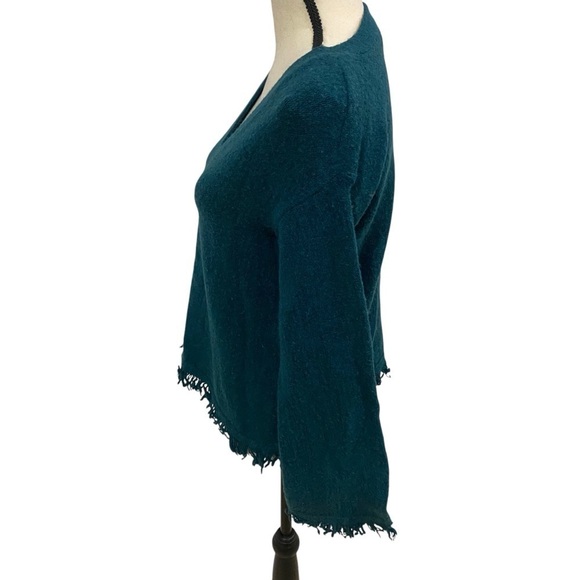 Anthropologie Alpaca and Wool Blend Sweater Sz XS Joy Fringed V-neck Teal Green - Picture 3 of 12